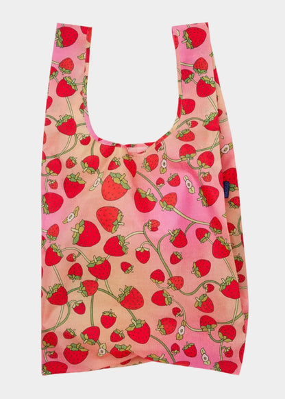 Reusable bag with strawberry pattern on a white background