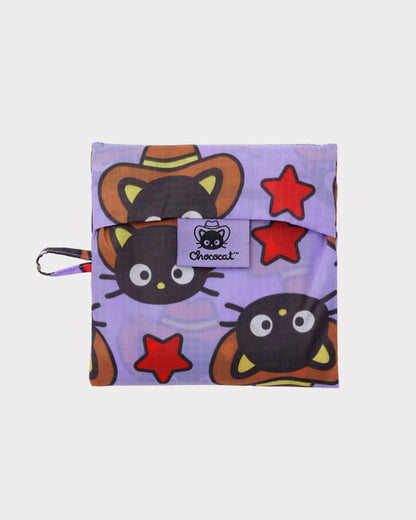 Purple pouch with cartoon cat design and red stars on a light gray background