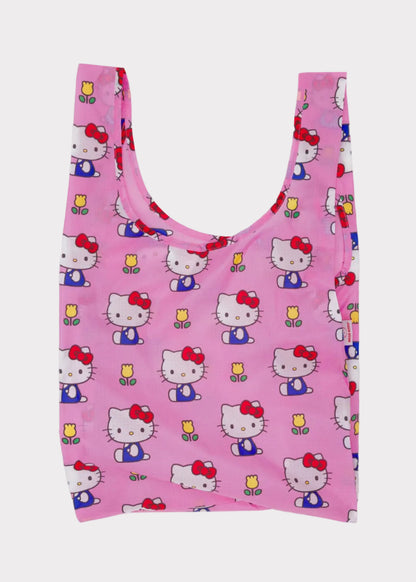 Pink reusable bag with Hello Kitty pattern on a white background