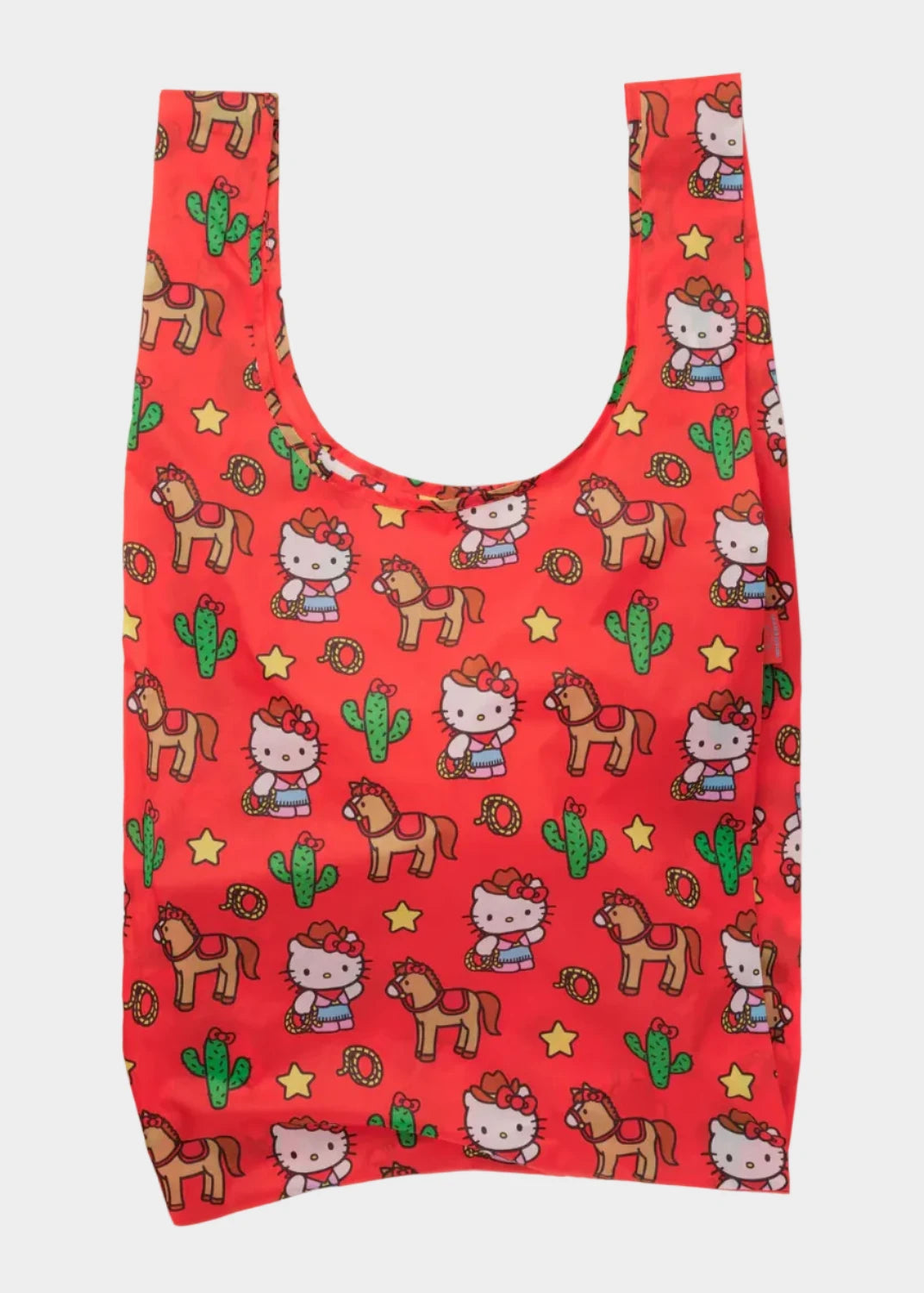 Red reusable bag with Hello Kitty and horse pattern on a white background