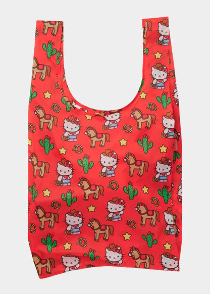 Red reusable bag with Hello Kitty and horse pattern on a white background