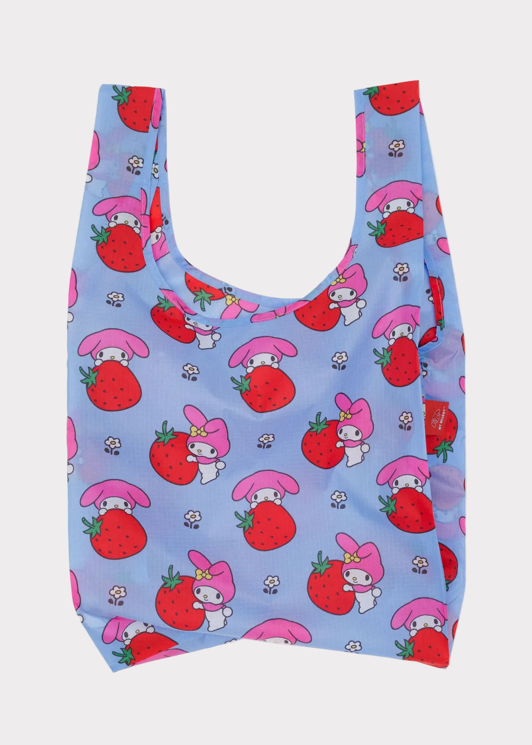 Reusable bag with cartoon character and strawberry pattern on a light blue background