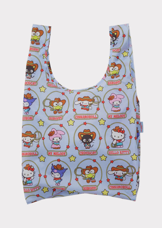 Reusable shopping bag with cartoon character pattern on a white background