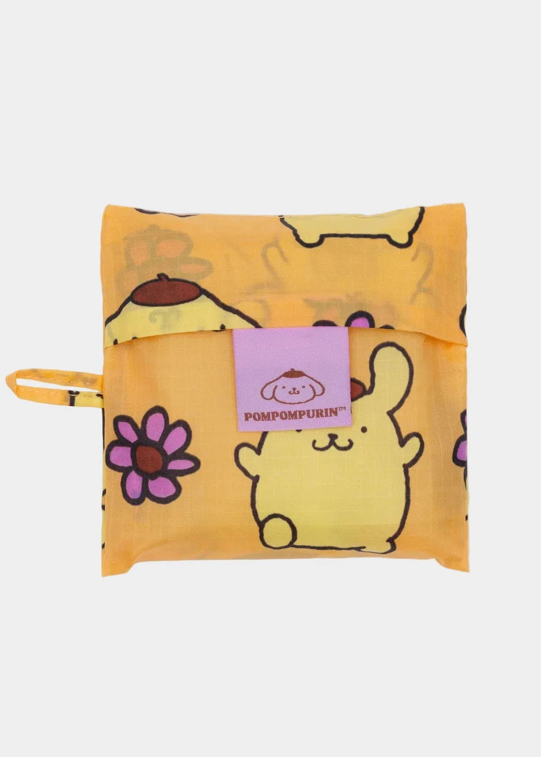 Yellow pouch with cartoon character and flower design on a white background
