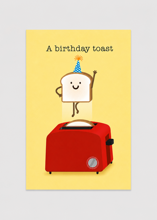 Cartoon toast character with a birthday hat emerging from a red toaster on a yellow background with text 'A birthday toast'.