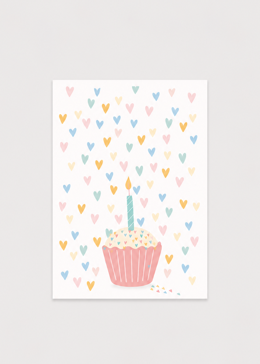 Illustration of a cupcake with a number one candle on a background of colorful hearts.
