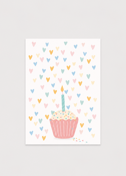 Illustration of a cupcake with a number one candle on a background of colorful hearts.