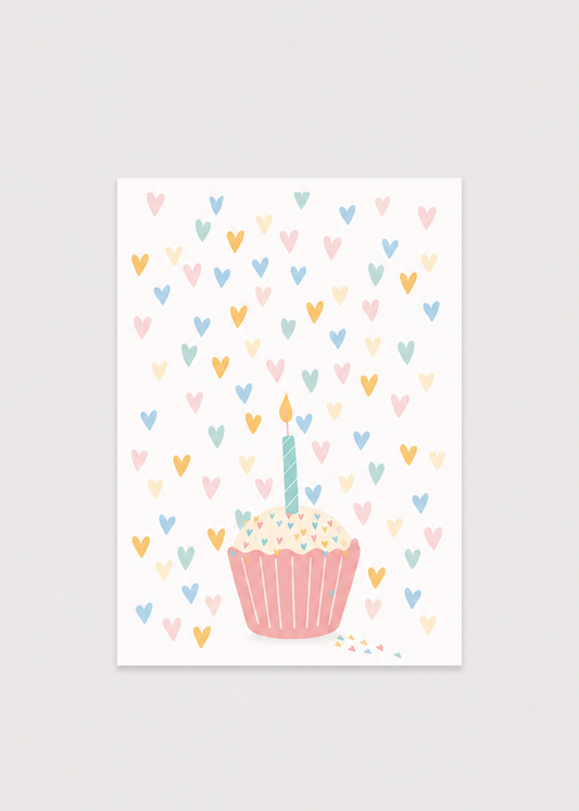 Illustration of a cupcake with a number one candle on a background of colorful hearts.