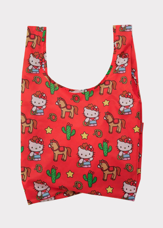 Red reusable bag with Hello Kitty and horse pattern on a white background