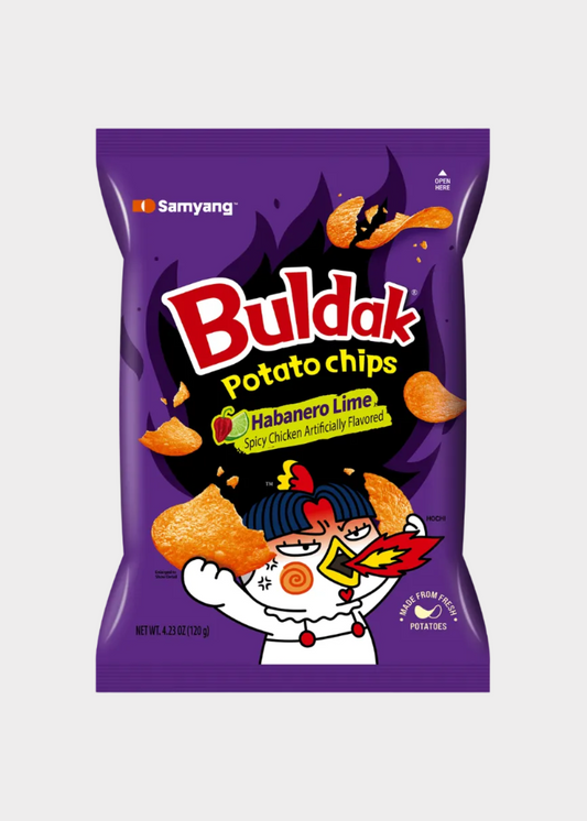 A bag of Samyang Buldak Potato Chips in Habanero Lime flavor, featuring a purple packaging design with the Buldak logo in red and white, and an illustration of a cartoon character holding potato chips.