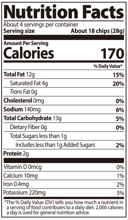 Nutrition facts label for a product with serving size and calorie information.