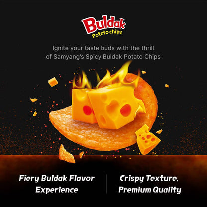 Promotional image of Spicy Buldak Potato Chips with cheese and flames on a black background.