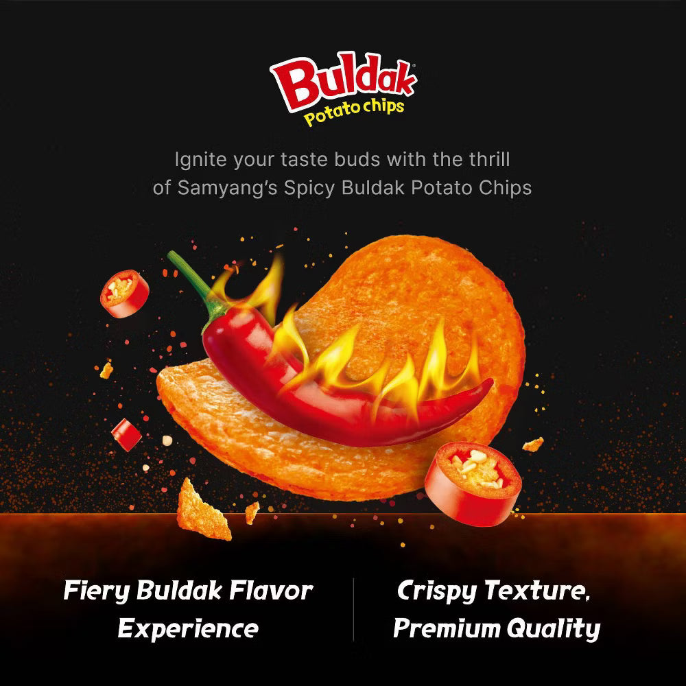 Promotional image of Spicy Buldak Potato Chips with a chili pepper and flames on a black background.