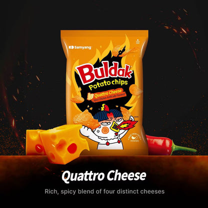Buldak Potato Chips Quattro Cheese flavor packaging with cheese and pepper on a dark background