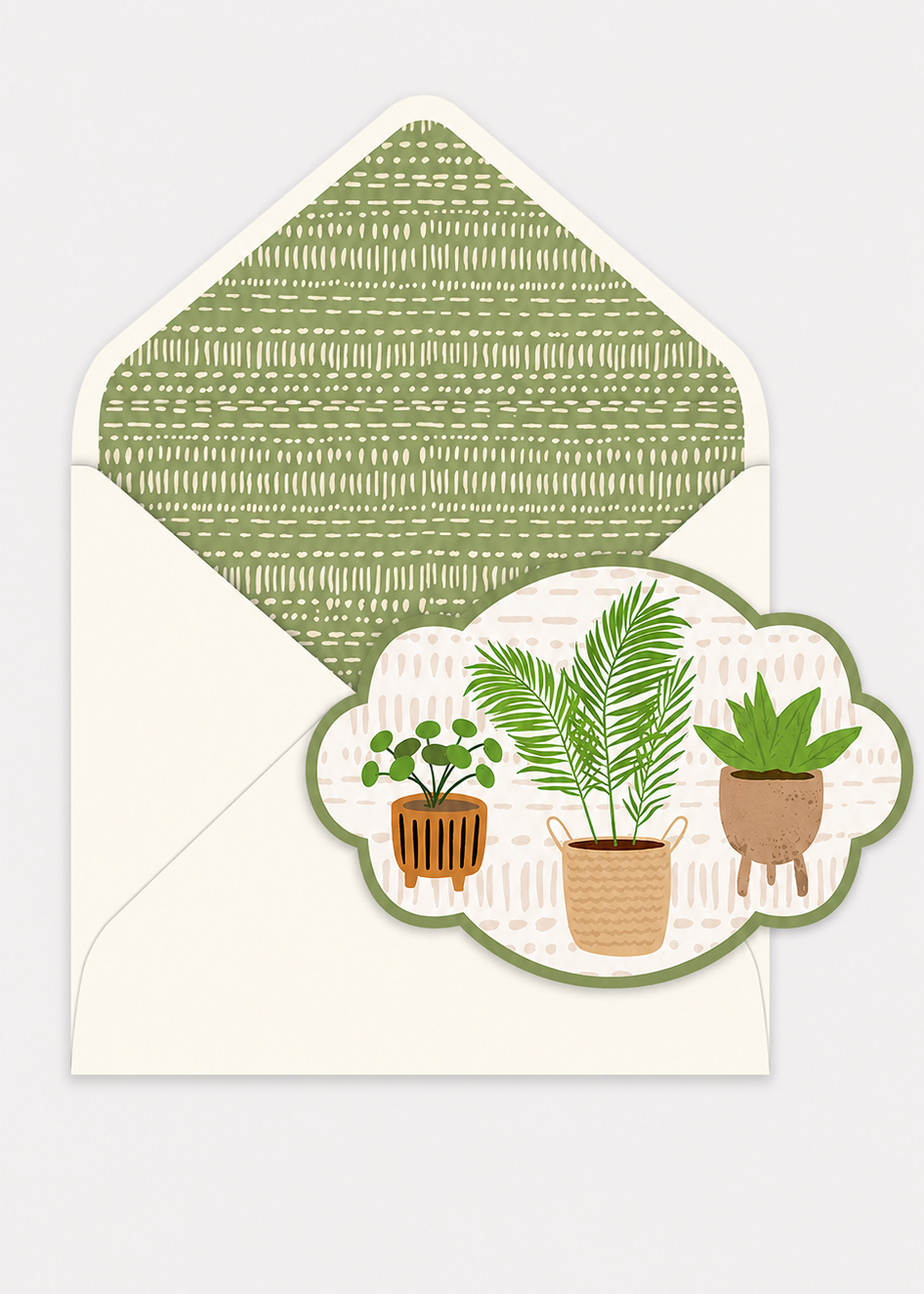 Greeting card with plant illustrations and a matching green envelope on a white background