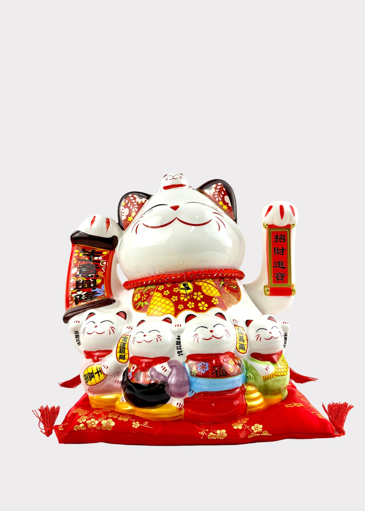 Ceramic Lucky Money Cat with Mini Cats - Battery or Plug In Prosperity Decor