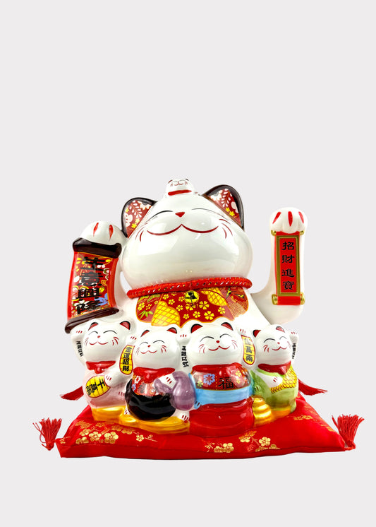 Ceramic Lucky Money Cat with Mini Cats - Battery or Plug In Prosperity Decor