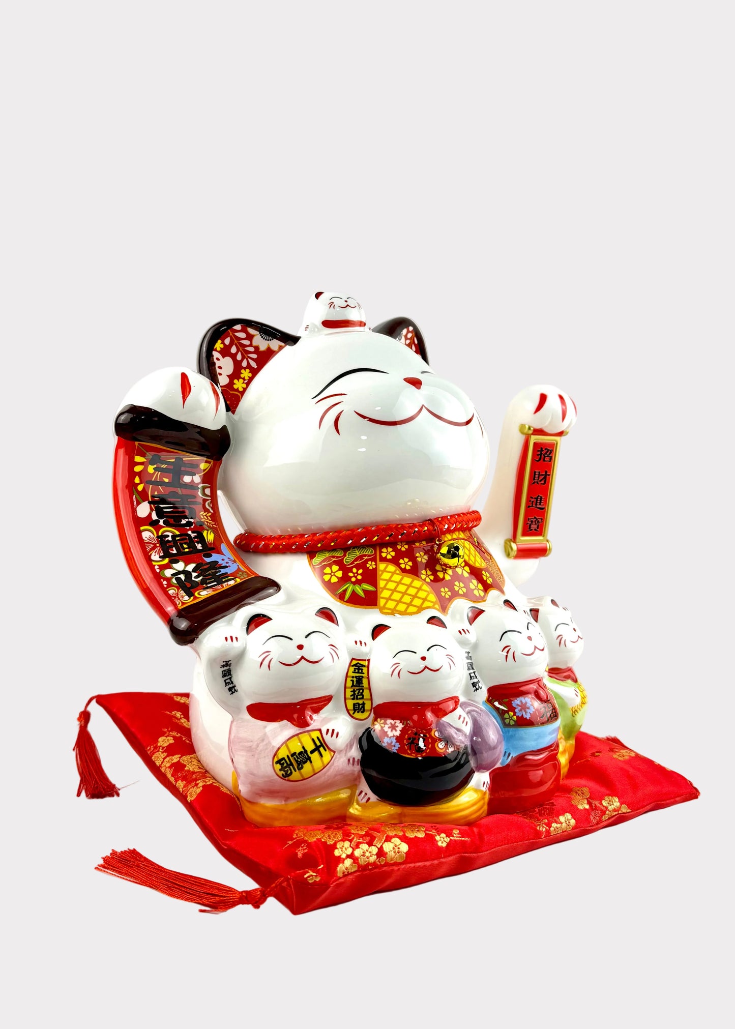 Ceramic Lucky Money Cat with Mini Cats - Battery or Plug In Prosperity Decor