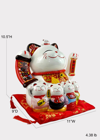 Ceramic Lucky Money Cat with Mini Cats - Battery or Plug In Prosperity Decor