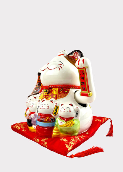 Ceramic Lucky Money Cat with Mini Cats - Battery or Plug In Prosperity Decor