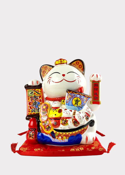 Ceramic Lucky Money Cat with Hulu and Wealth Boat Decor - Battery or Plug In