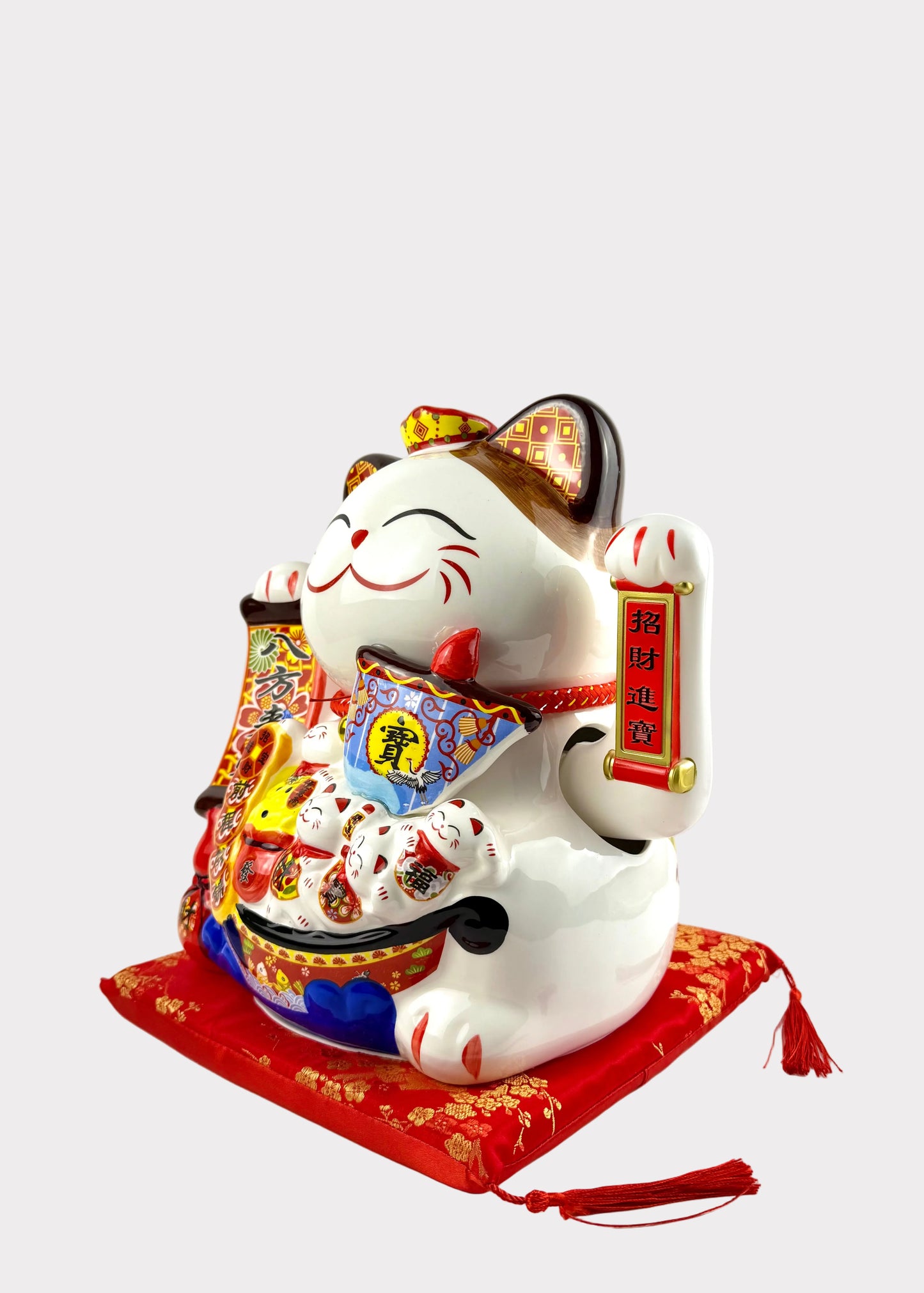 Ceramic Lucky Money Cat with Hulu and Wealth Boat Decor - Battery or Plug In