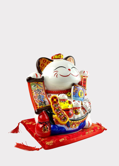 Ceramic Lucky Money Cat with Hulu and Wealth Boat Decor - Battery or Plug In