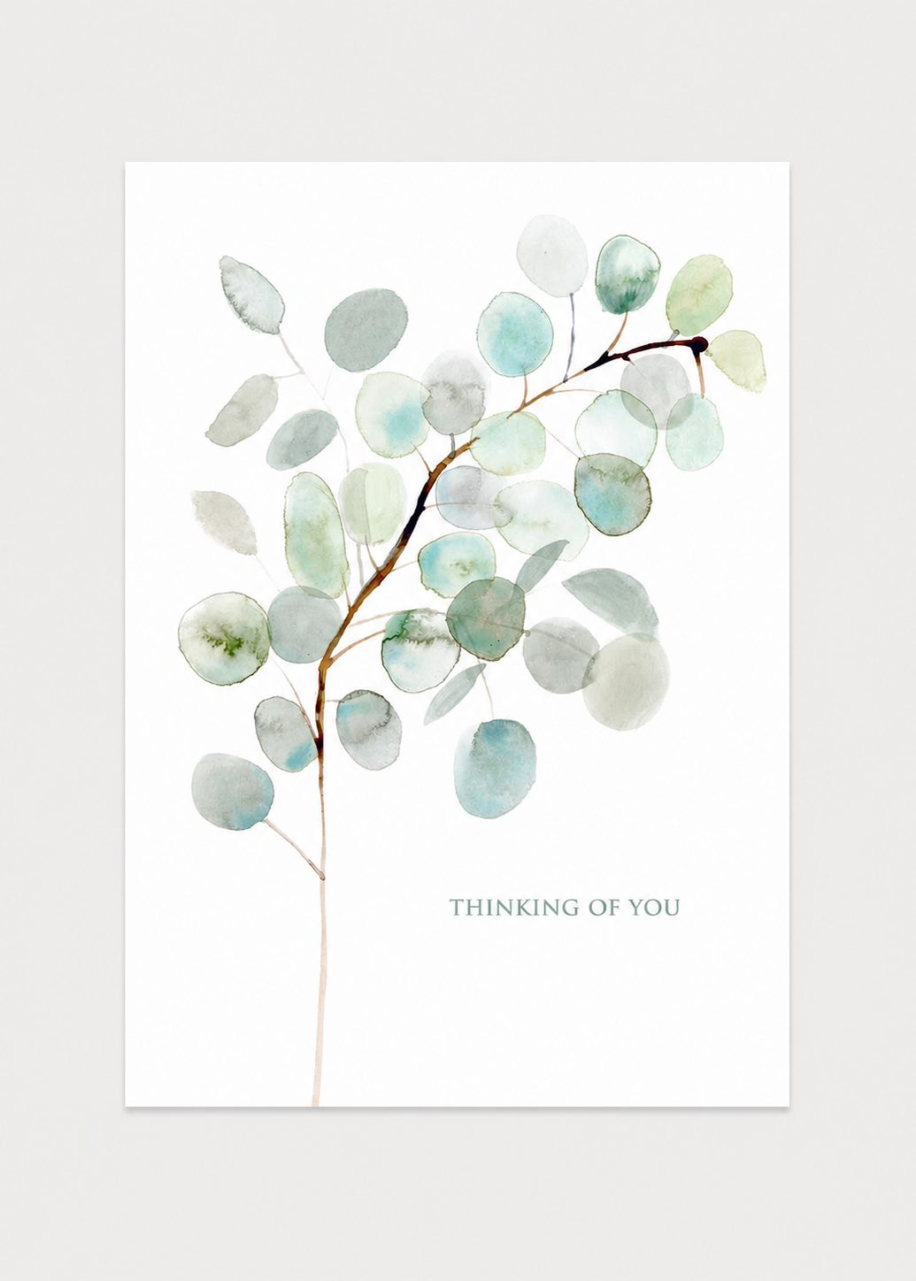 Art print with a branch of eucalyptus leaves and 'Thinking of You' text on a white background