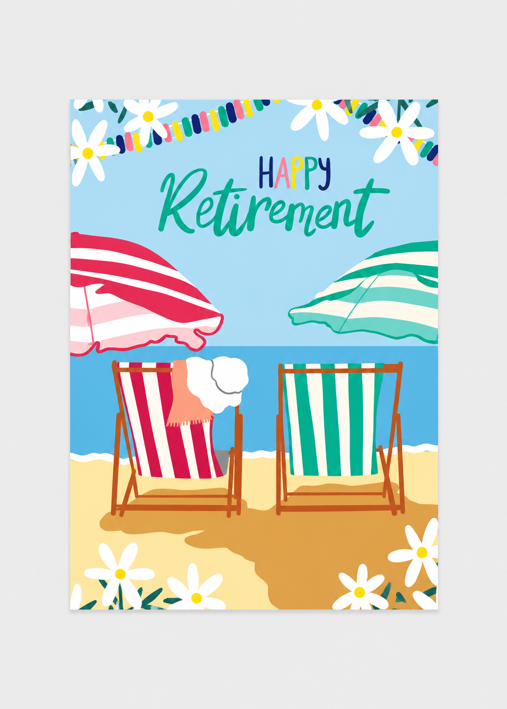Happy Retirement card with beach scene, chairs, and umbrellas on a blue background