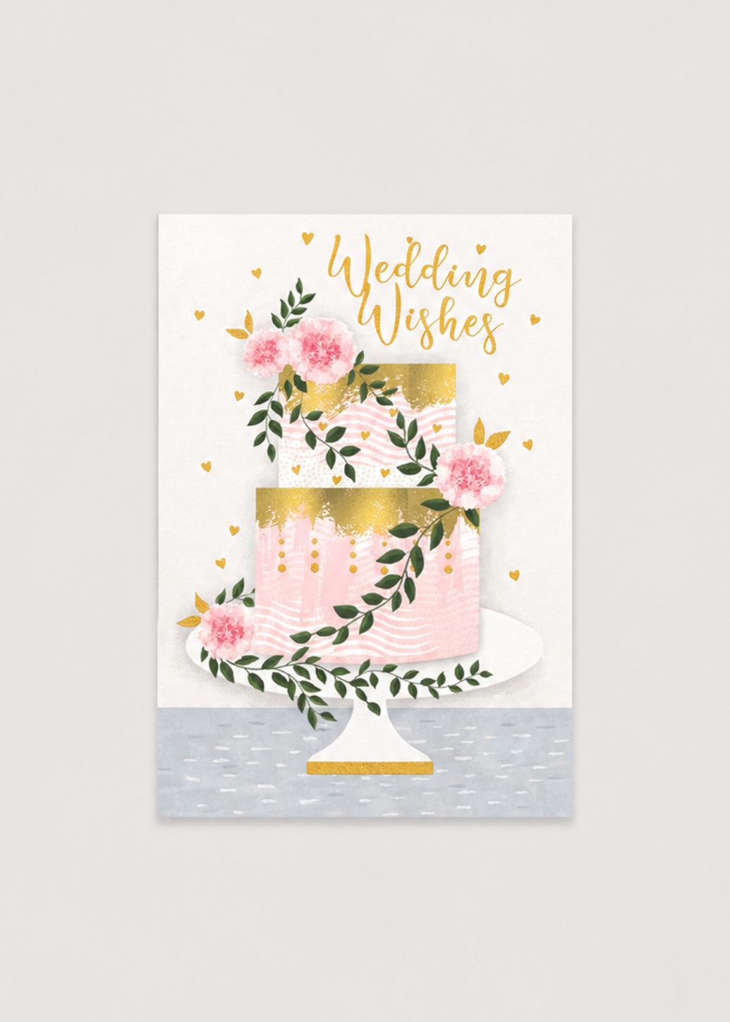 Card with a wedding cake illustration and 'Wedding Wishes' text on a light gray background