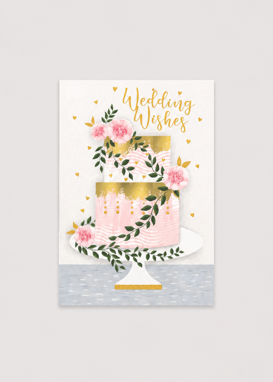 Card with a wedding cake illustration and 'Wedding Wishes' text on a light gray background