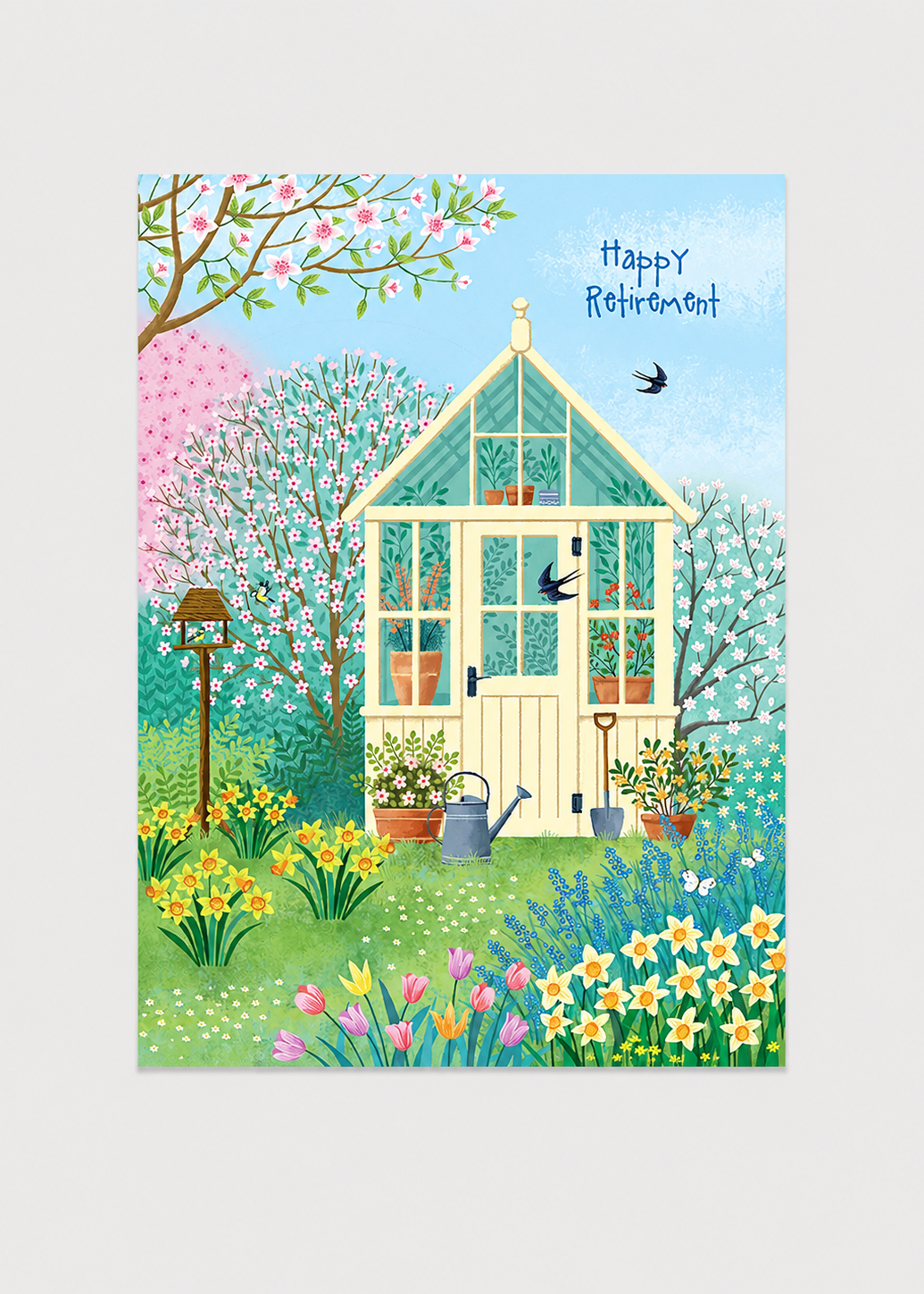 Greeting card with a garden scene and greenhouse, featuring 'Happy Retirement' text.