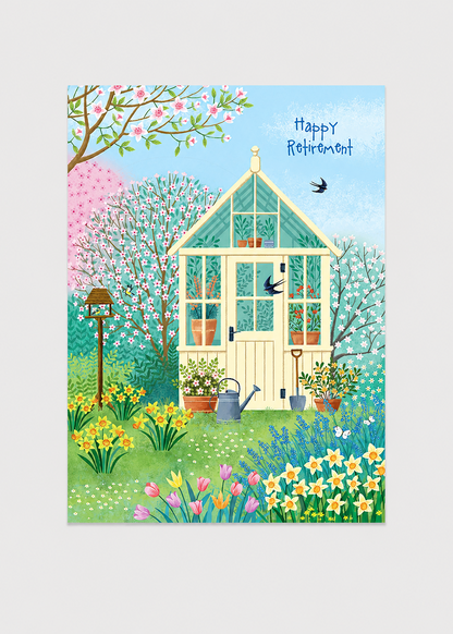 Greeting card with a garden scene and greenhouse, featuring 'Happy Retirement' text.