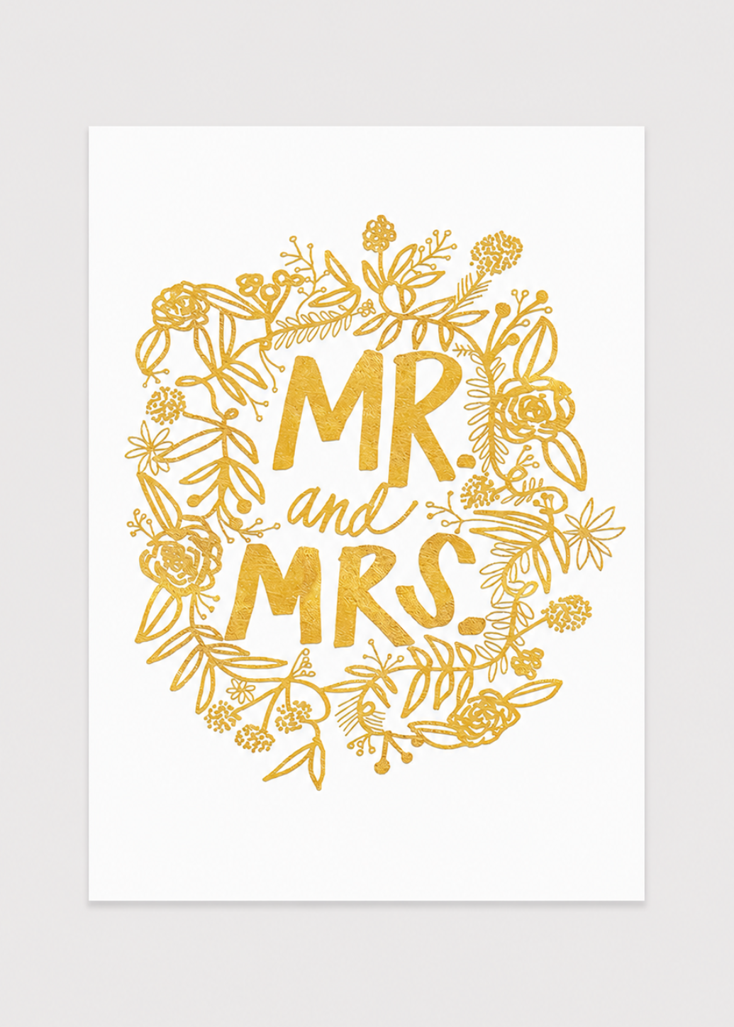 Gold 'MR and MRS' text with floral wreath on a white background