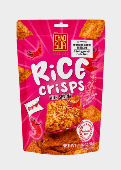 A bag of Chao Suai Original Rice Crisps with Shrimp, featuring a bright pink packaging design with illustrations of shrimp and a clear window showing the golden-brown crispy rice chips inside.