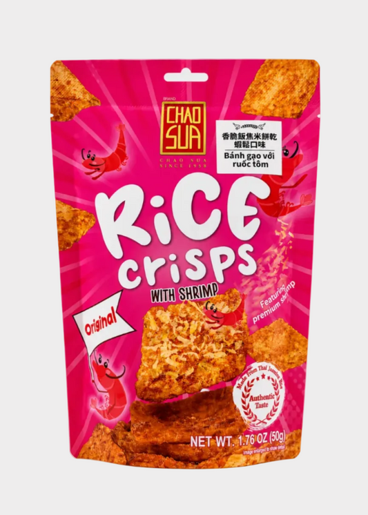 A bag of Chao Suai Original Rice Crisps with Shrimp, featuring a bright pink packaging design with illustrations of shrimp and a clear window showing the golden-brown crispy rice chips inside.