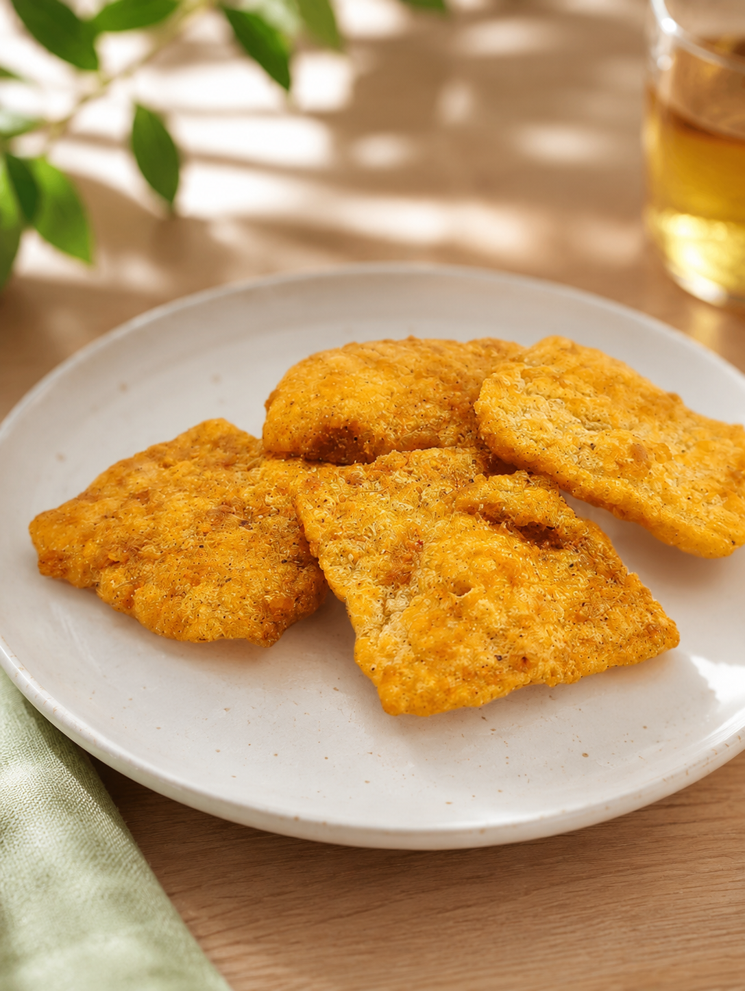 Four golden-brown crispy fried fish cakes on a white speckled plate, set on a wooden table with soft shadows, a green napkin, and a glass of tea in the background.