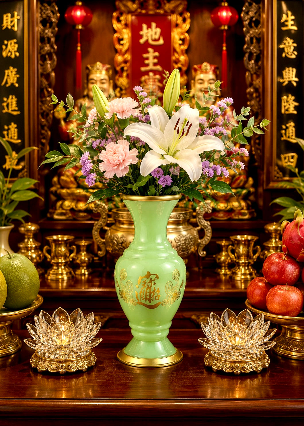 Jade Green Celadon Offering Vase with Gold-Tone Metal Accents
