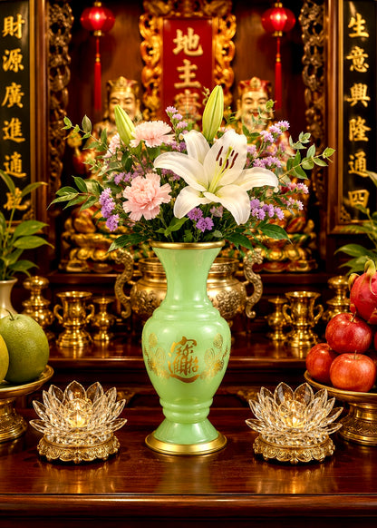 Jade Green Celadon Offering Vase with Gold-Tone Metal Accents