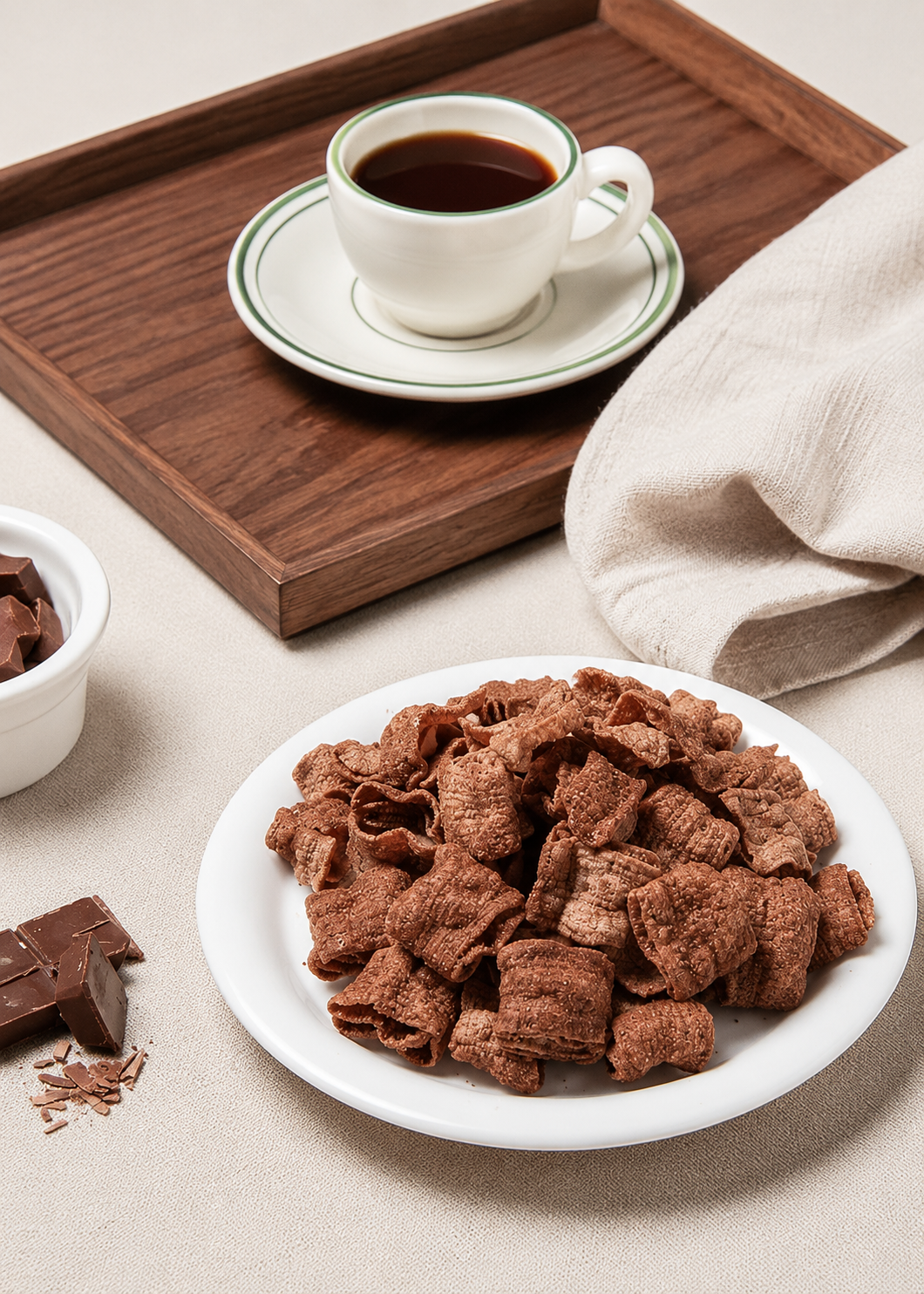 Chocolate cereal pieces piled on a white plate, styled on a beige surface with a wooden tray, a cup of coffee, and a small bowl of chocolate pieces.