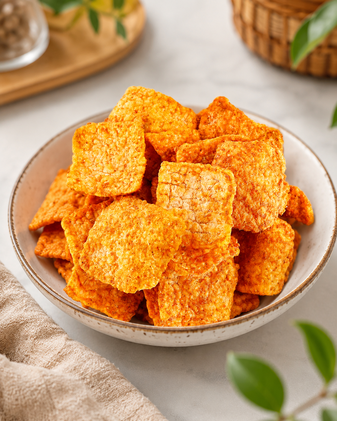 A bowl filled with crispy, golden-orange square snack chips on a light marble surface, styled with a beige cloth and green leaves.