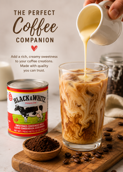 A can of Black & White condensed milk is shown next to a glass of iced coffee with creamy milk being poured into it, on a wooden board with coffee beans and a small bowl of ground coffee. Text on the image reads 'The Perfect Coffee Companion'.