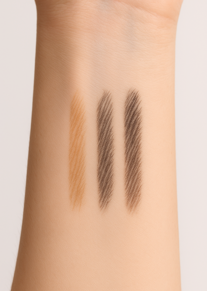 Brow pencil swatches on a person's arm with two different shades.