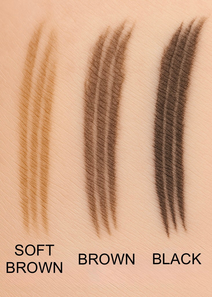 Three eyebrow pencil strokes on skin labeled 'Soft Brown', 'Brown', and 'Black'.