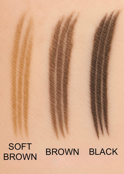 Three eyebrow pencil strokes on skin labeled 'Soft Brown', 'Brown', and 'Black'.