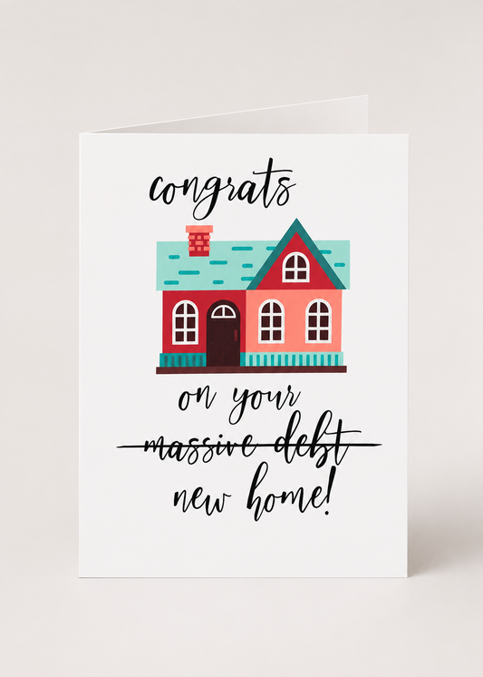 Greeting card with a house illustration and text on a white background