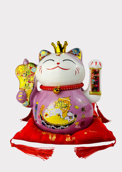Money Cat – Porcelain Lucky Cat with Crown – Battery Powered