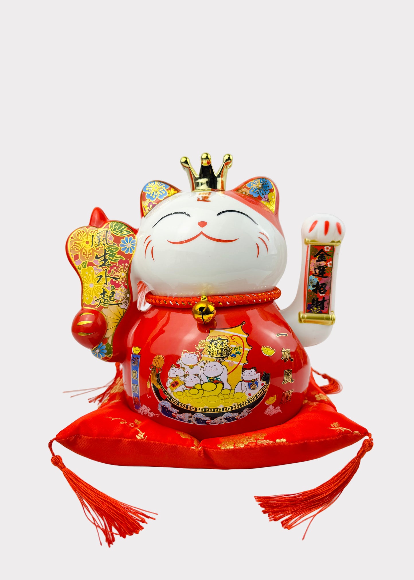 Money Cat – Porcelain Lucky Cat with Crown – Battery Powered