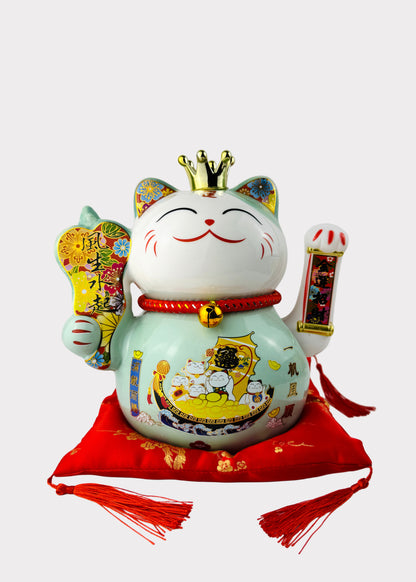 Money Cat – Porcelain Lucky Cat with Crown – Battery Powered