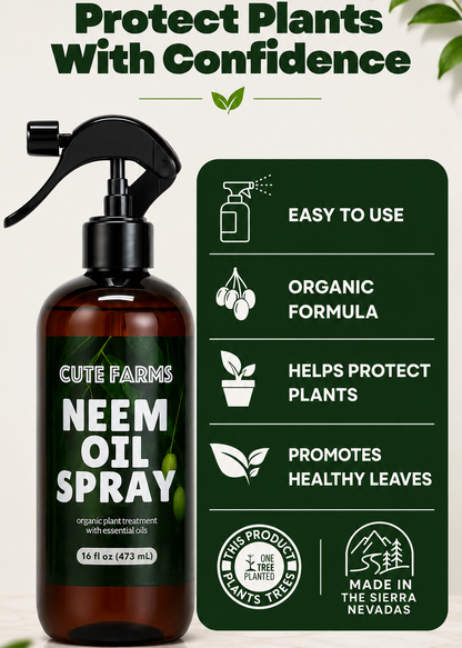 Cute Farms Neem Oil Spray in a 16 fl oz amber glass spray bottle, shown next to a dark green informational panel highlighting product features and benefits.